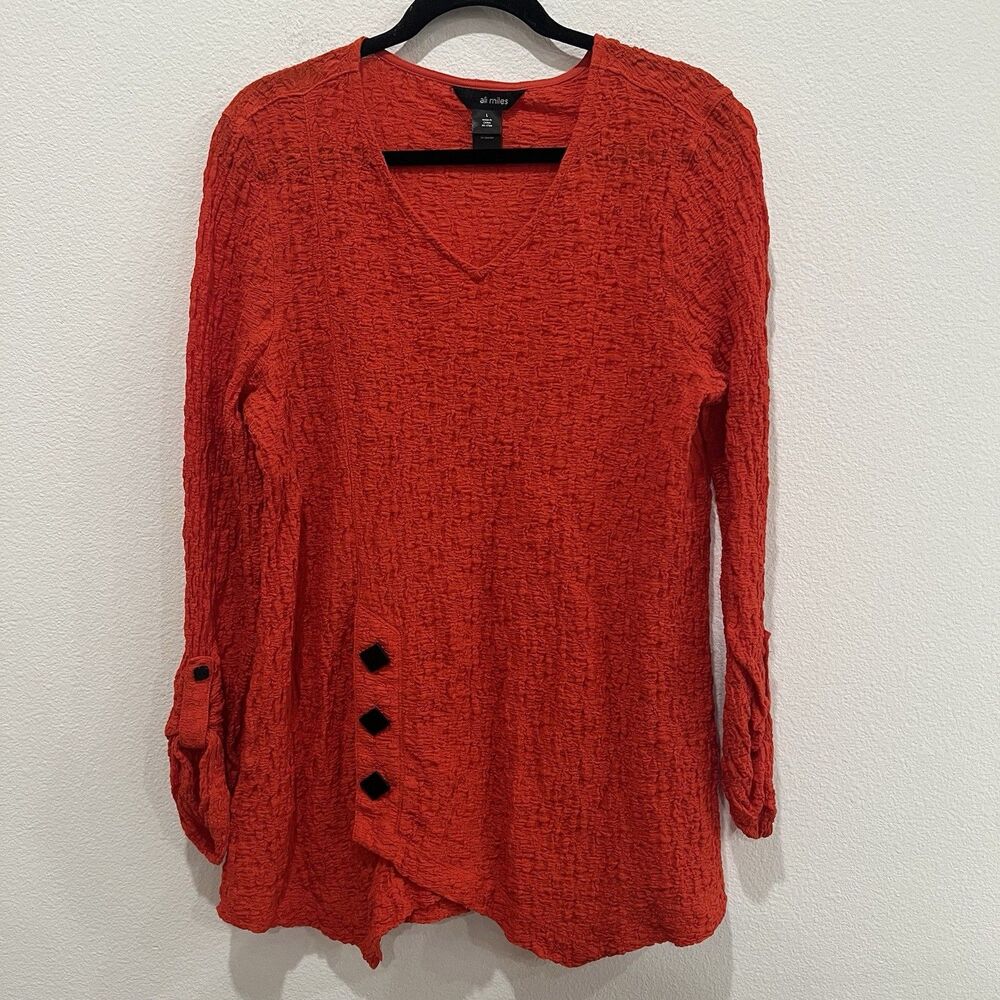 Ali Miles Red V Neck Puckered Crinkle Black Button Roll Tab Sleeve Top Tunic L